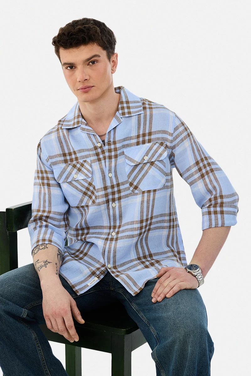 سنيتش 100% Linen Double Pocket Plaid Shirt